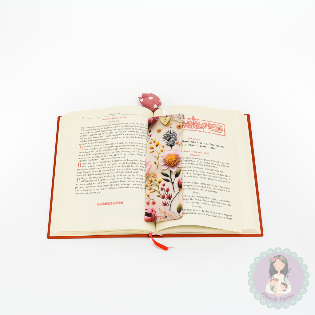 Semn de carte/semn de carte textil/flori cu boboc roz 1